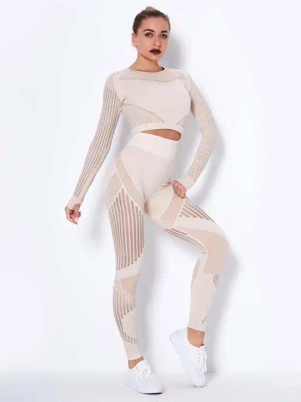 Nahtlose eng gestreifte Langarmhose, schnelltrocknendes Yoga-Sportbekleidungsset