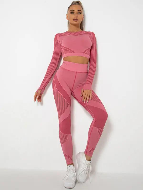 Nahtlose eng gestreifte Langarmhose, schnelltrocknendes Yoga-Sportbekleidungsset