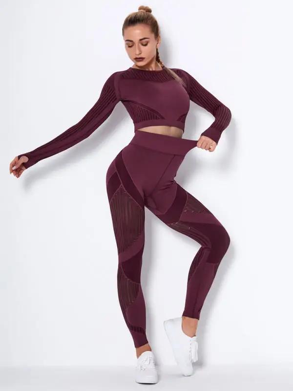 Nahtlose eng gestreifte Langarmhose, schnelltrocknendes Yoga-Sportbekleidungsset