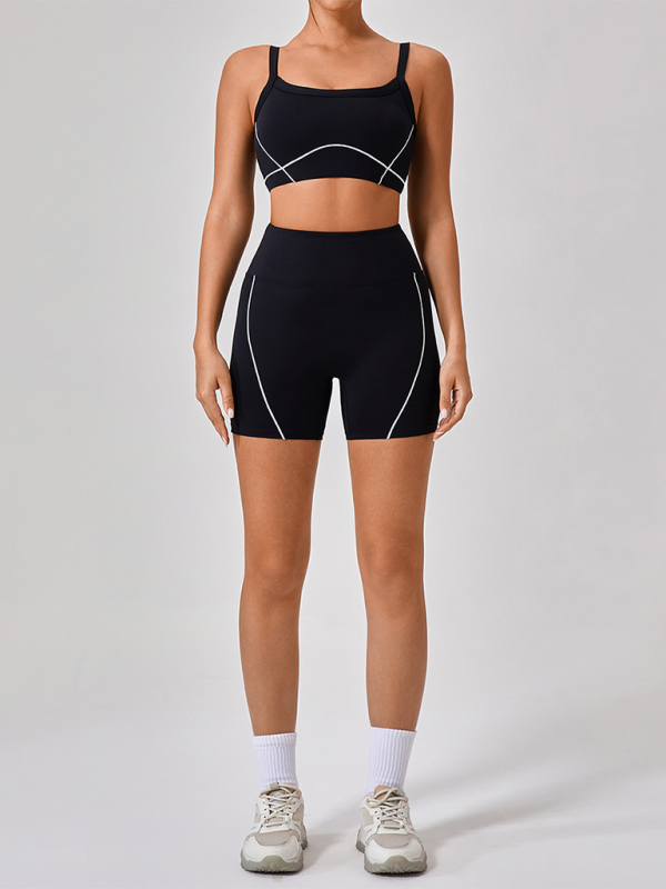 Skinny Outdoor-Sport Spaghettiträger Kontrastfarbe Straps-BH + Shorts Yoga-Anzug