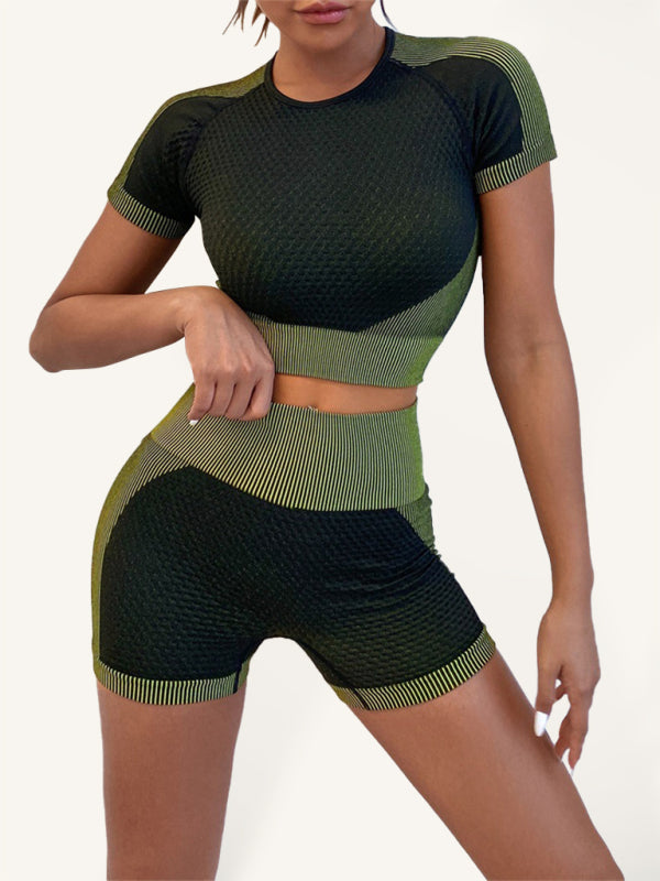 Damen-Kontrastfarben-Bubble-Yoga-Kleidung, kurzärmliges T-Shirt + Shorts, zweiteiliger Sportanzug