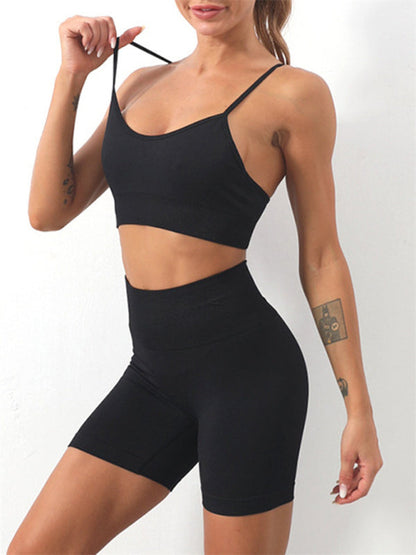 Zweiteiliges Set aus nahtlosem Camisole-Yoga-Sport-BH und Shorts für Damen in Volltonfarbe