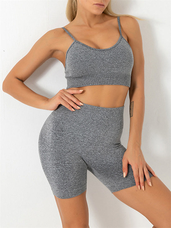 Zweiteiliges Set aus nahtlosem Camisole-Yoga-Sport-BH und Shorts für Damen in Volltonfarbe