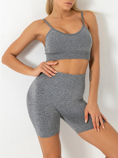 Zweiteiliges Set aus nahtlosem Camisole-Yoga-Sport-BH und Shorts für Damen in Volltonfarbe