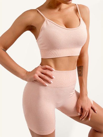 Zweiteiliges Set aus nahtlosem Camisole-Yoga-Sport-BH und Shorts für Damen in Volltonfarbe