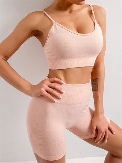 Zweiteiliges Set aus nahtlosem Camisole-Yoga-Sport-BH und Shorts für Damen in Volltonfarbe