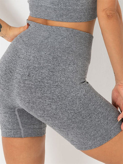 Einfarbiger, schnell trocknender, nahtloser Yoga-Kurzarm- und Shorts-Zweiteiler für Damen