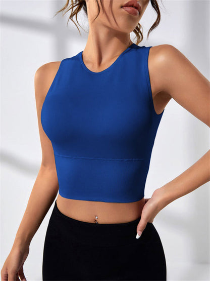 Einfarbiges, rückenfreies, ärmelloses Sport-Tanktop für Damen mit Rundhalsausschnitt