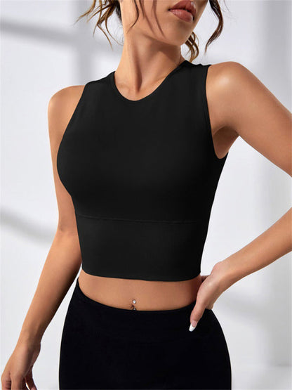 Einfarbiges, rückenfreies, ärmelloses Sport-Tanktop für Damen mit Rundhalsausschnitt