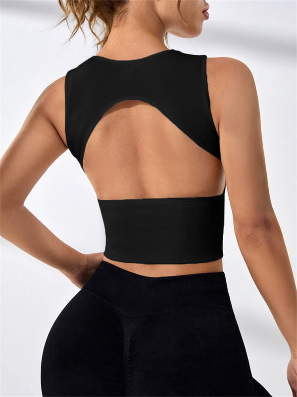 Einfarbiges, rückenfreies, ärmelloses Sport-Tanktop für Damen mit Rundhalsausschnitt