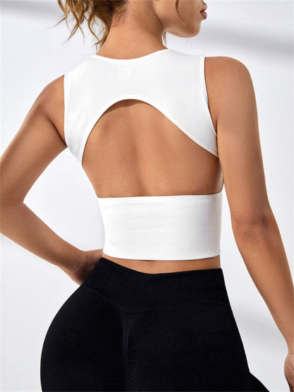 Einfarbiges, rückenfreies, ärmelloses Sport-Tanktop für Damen mit Rundhalsausschnitt
