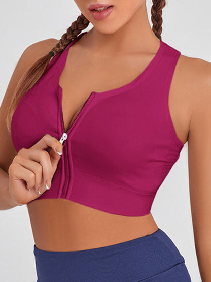 Einfarbiges, stoßfestes Yoga-BH-Tanktop für Damen mit Reißverschluss vorne
