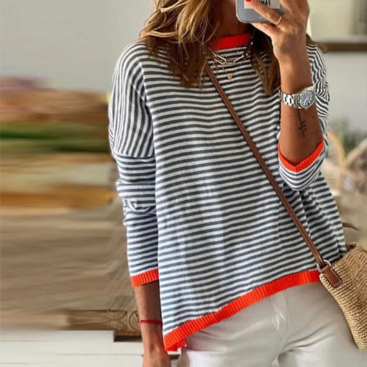 Riley - Blau gestreifter Pullover mit orangefarbenem Rand